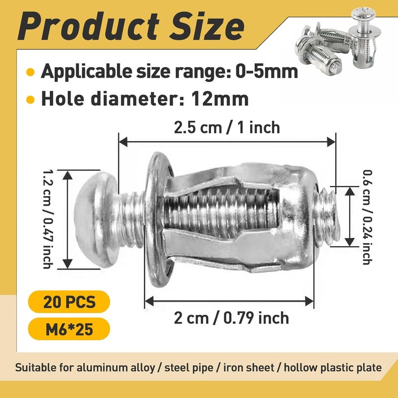 Iffitya 20Pcs M6 x 25 Hollow Door Anchor Set, Metal Cavity Fixing Anchors for Aluminium Cladding, Steel Pipe, Iron Sheet, Plastic Sheet (12 * 18MM) - Image 3